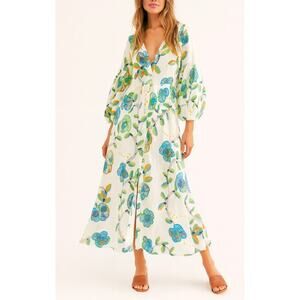 Soler 100% Cotton Midi Dress Summer Floral Bold Printed Long Sleeve M/L